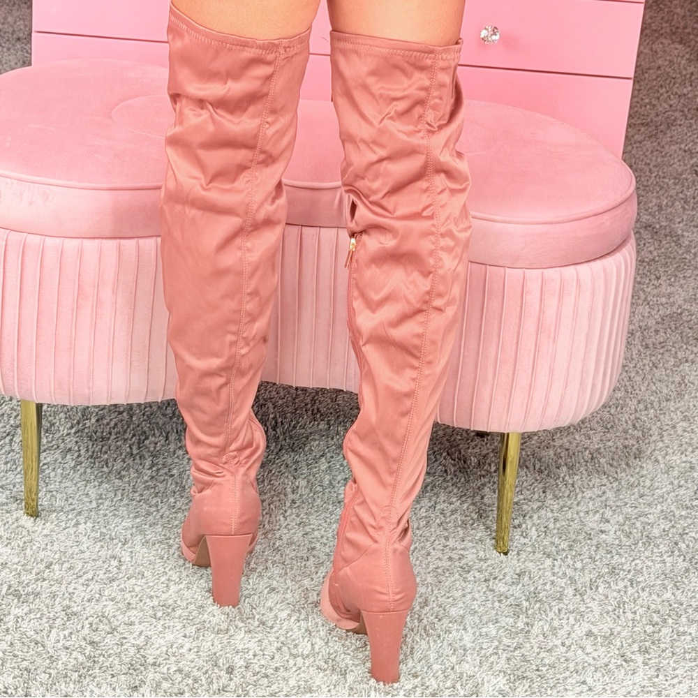 Blush Pink Satin Thigh High Heeled Boots Chic Block Heel Side Zip Stretch Fit - Picture 3 of 5